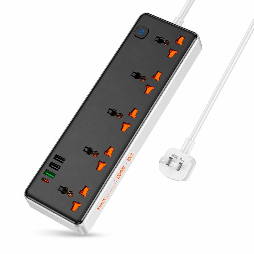 HOCO AC14 REGLETA ELÉCTRICA 2500W 8 TOMAS UNIVERSALES 3 USB CARGA RÁPIDA NEGRA - 6