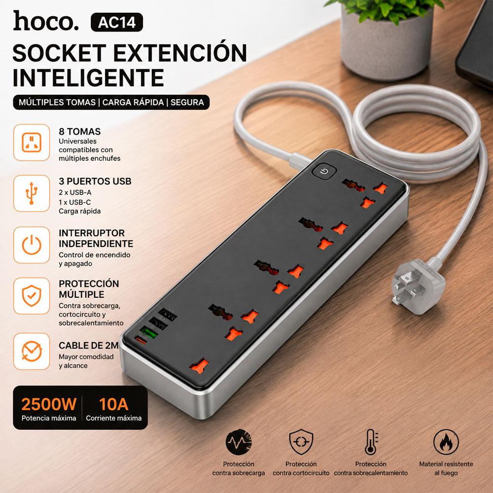 HOCO AC14 REGLETA ELÉCTRICA 2500W 8 TOMAS UNIVERSALES 3 USB CARGA RÁPIDA NEGRA - 7