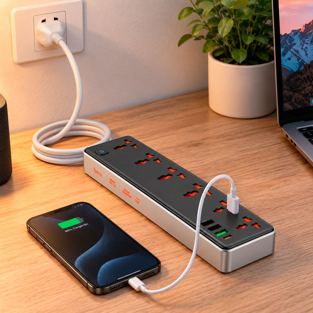 HOCO AC14 REGLETA ELÉCTRICA 2500W 8 TOMAS UNIVERSALES 3 USB CARGA RÁPIDA NEGRA - 8