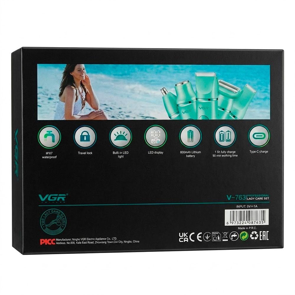 DEPILADORA VGR V-763 5 EN 1 RECARGABLE VERDE KIT DE ASEO FEMENINO - 3