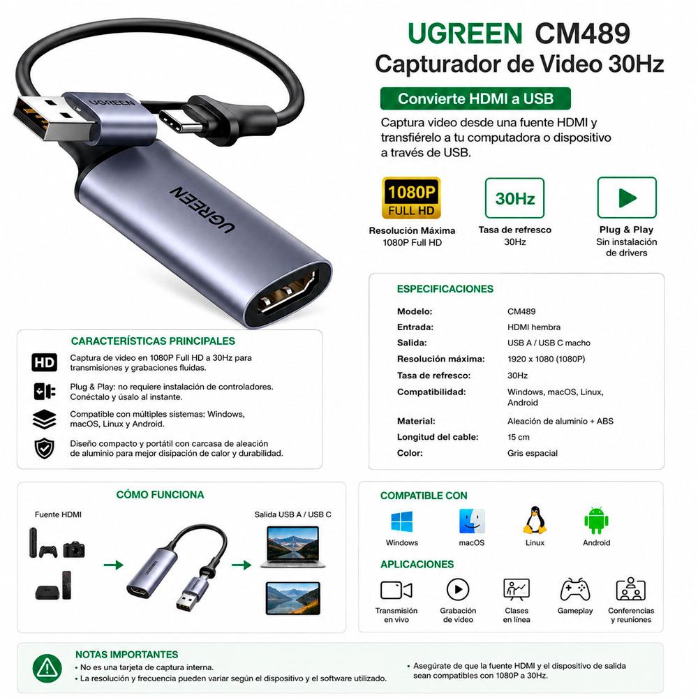 UGREEN CM489 CAPTURADOR DE VIDEO HDMI USB 1080P 30HZ PARA PC - 3