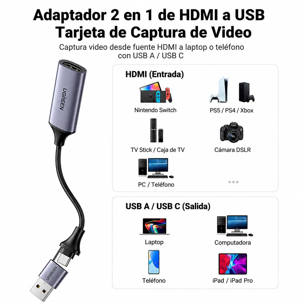 UGREEN CM489 CAPTURADOR DE VIDEO HDMI USB 1080P 30HZ PARA PC - 8