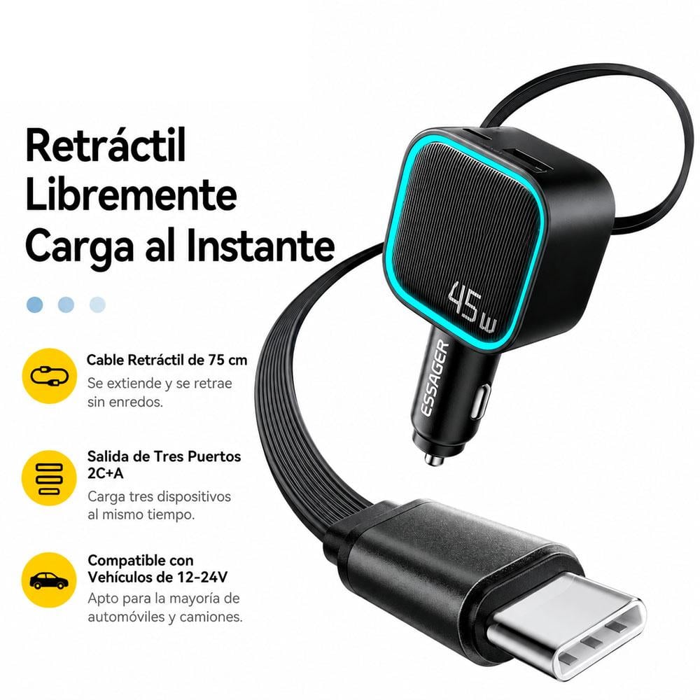 CARGADOR AUTO 45W USB-C CARGA RÁPIDA RETRÁCTIL - 2
