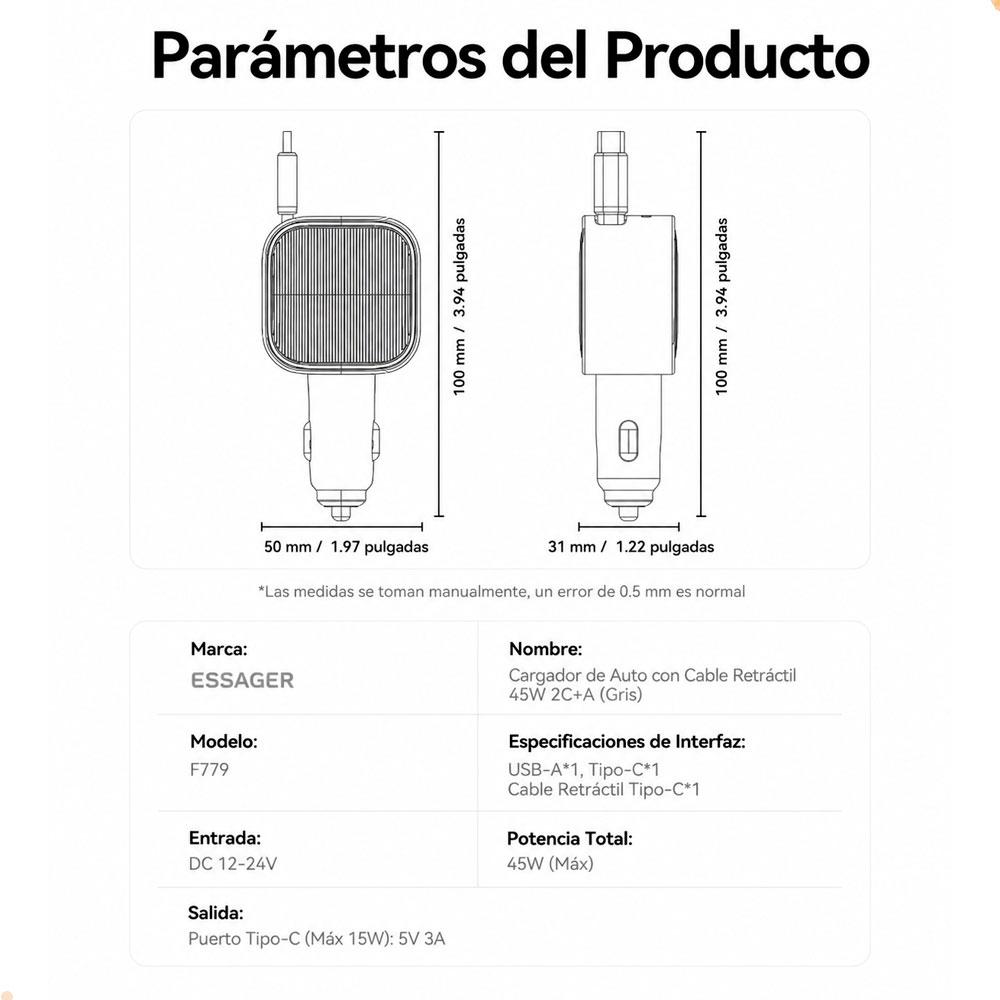 CARGADOR AUTO 45W USB-C CARGA RÁPIDA RETRÁCTIL - 6