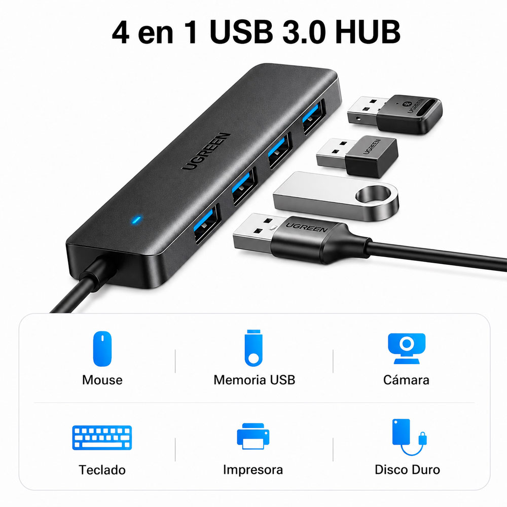 HUB USB 3.0 UGREEN CM219 4 PUERTOS MULTIPLICADOR USB 5GBPS - 8