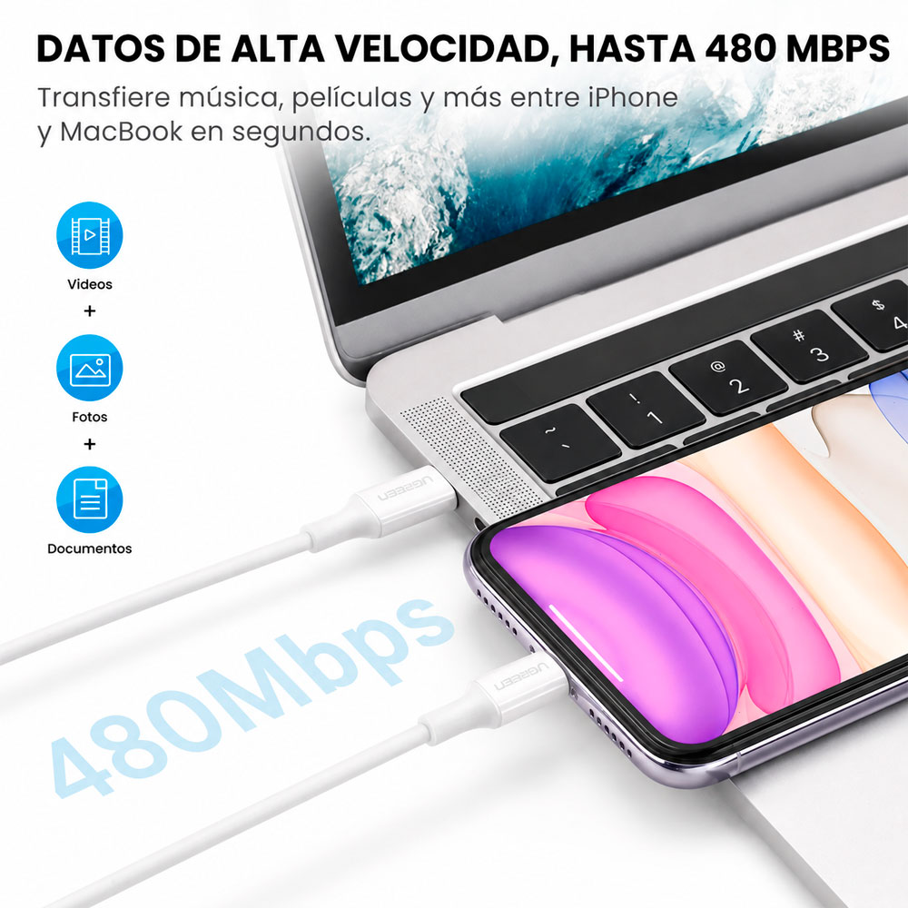 CABLE UGREEN USB-C A LIGHTNING 1M CARGA RÁPIDA PD PARA IPHONE - 5