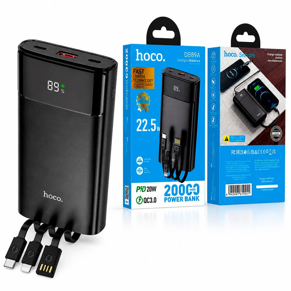 POWER BANK HOCO 20000MAH 22.5W PD QC CABLES INTEGRADOS - 1