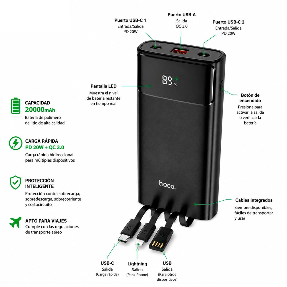 POWER BANK HOCO 20000MAH 22.5W PD QC CABLES INTEGRADOS - 6