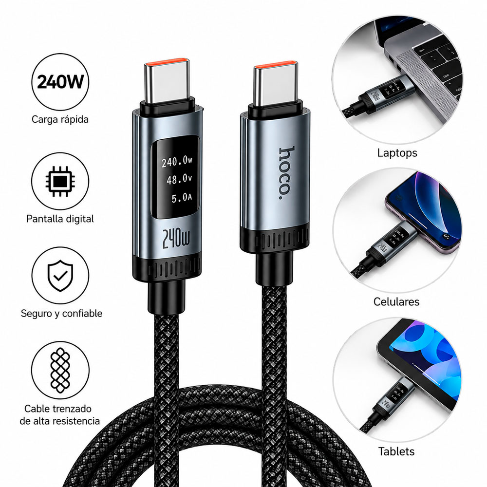 HOCO CABLE USB-C A USB-C 240W 1.2M CARGA RÁPIDA PANTALLA OLED - 8