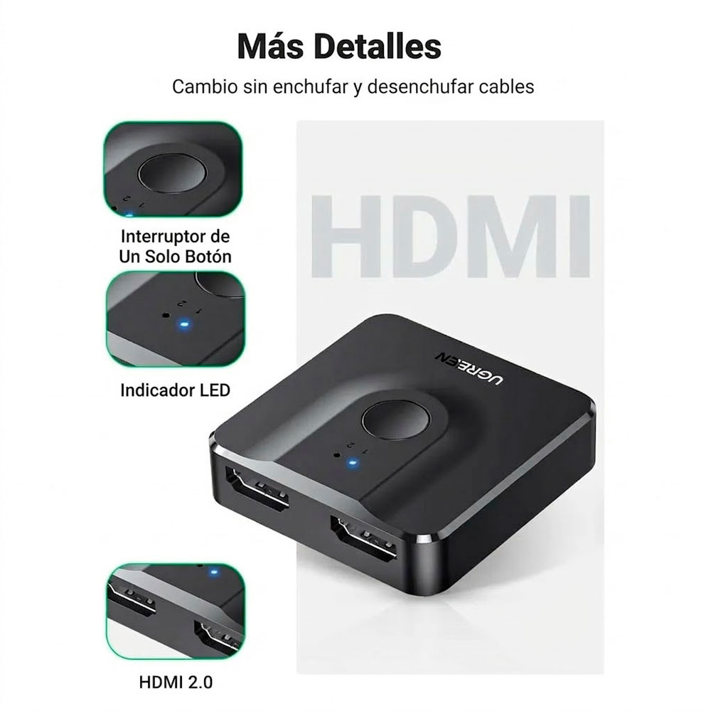 UGREEN SWITCH HDMI 4K BIDIRECCIONAL SELECTOR 2 PUERTOS HDMI - 6