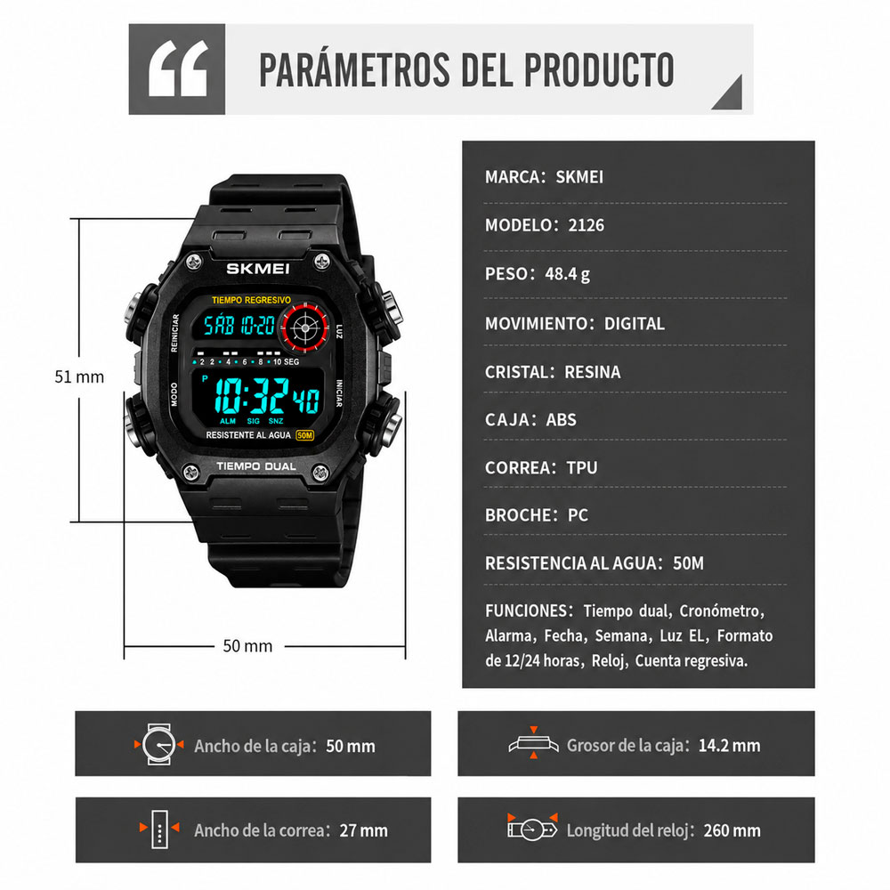 RELOJ DIGITAL SKMEI DEPORTIVO HOMBRE RESISTENTE AL AGUA 50M - 7
