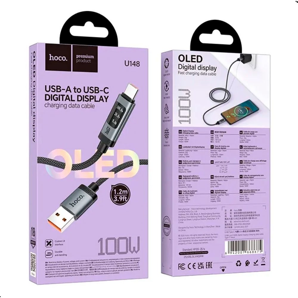 HOCO U148 CABLE USB A TIPO C 100W PANTALLA OLED 1.2M CARGA RAPIDA - 4
