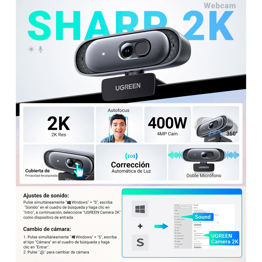 CÁMARA WEB UGREEN CM778 2K CON MICRÓFONO PARA PC - 4