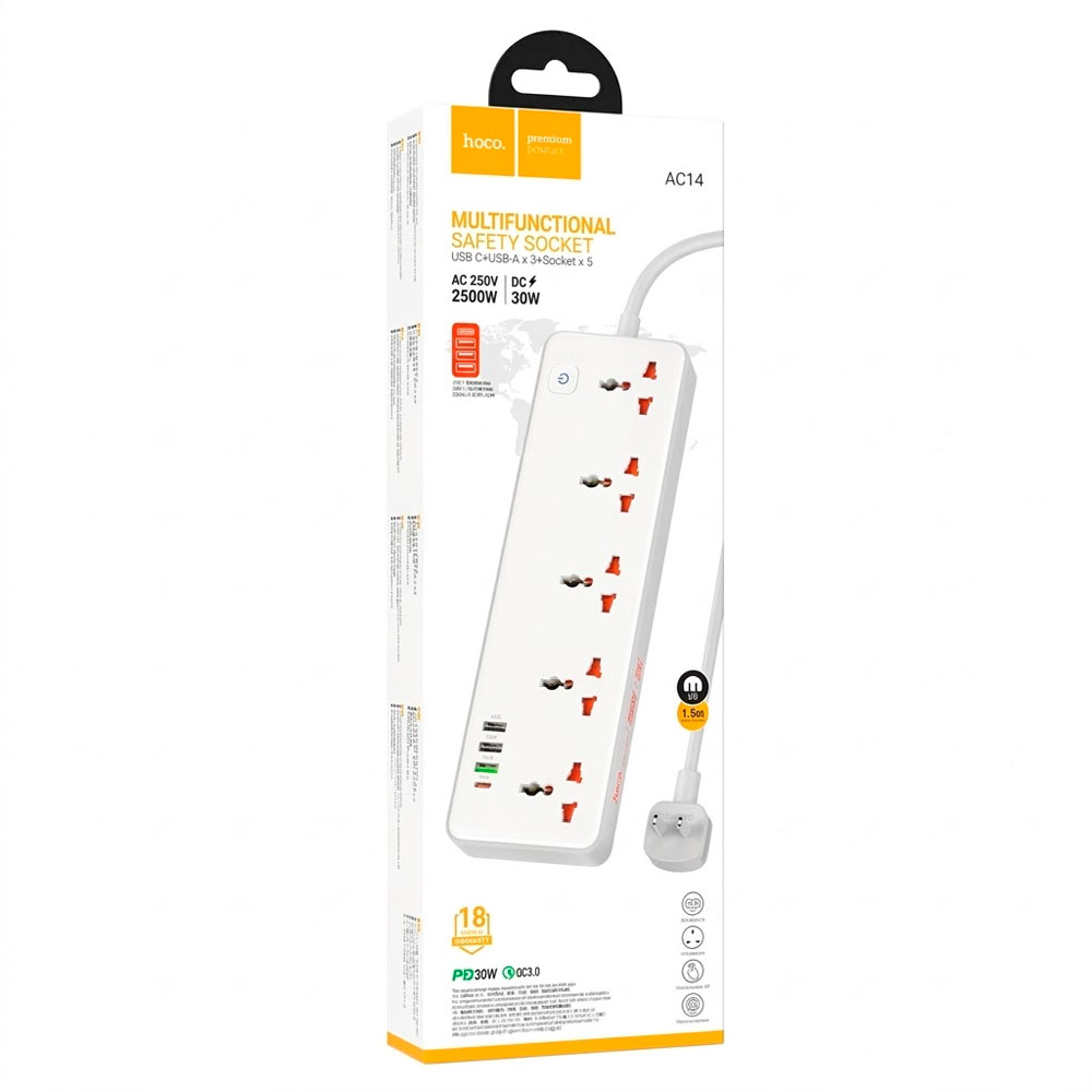 EXTENSIÓN ELÉCTRICA HOCO AC14 5 TOMAS 4 USB PD 30W CARGA RAPIDA - 1