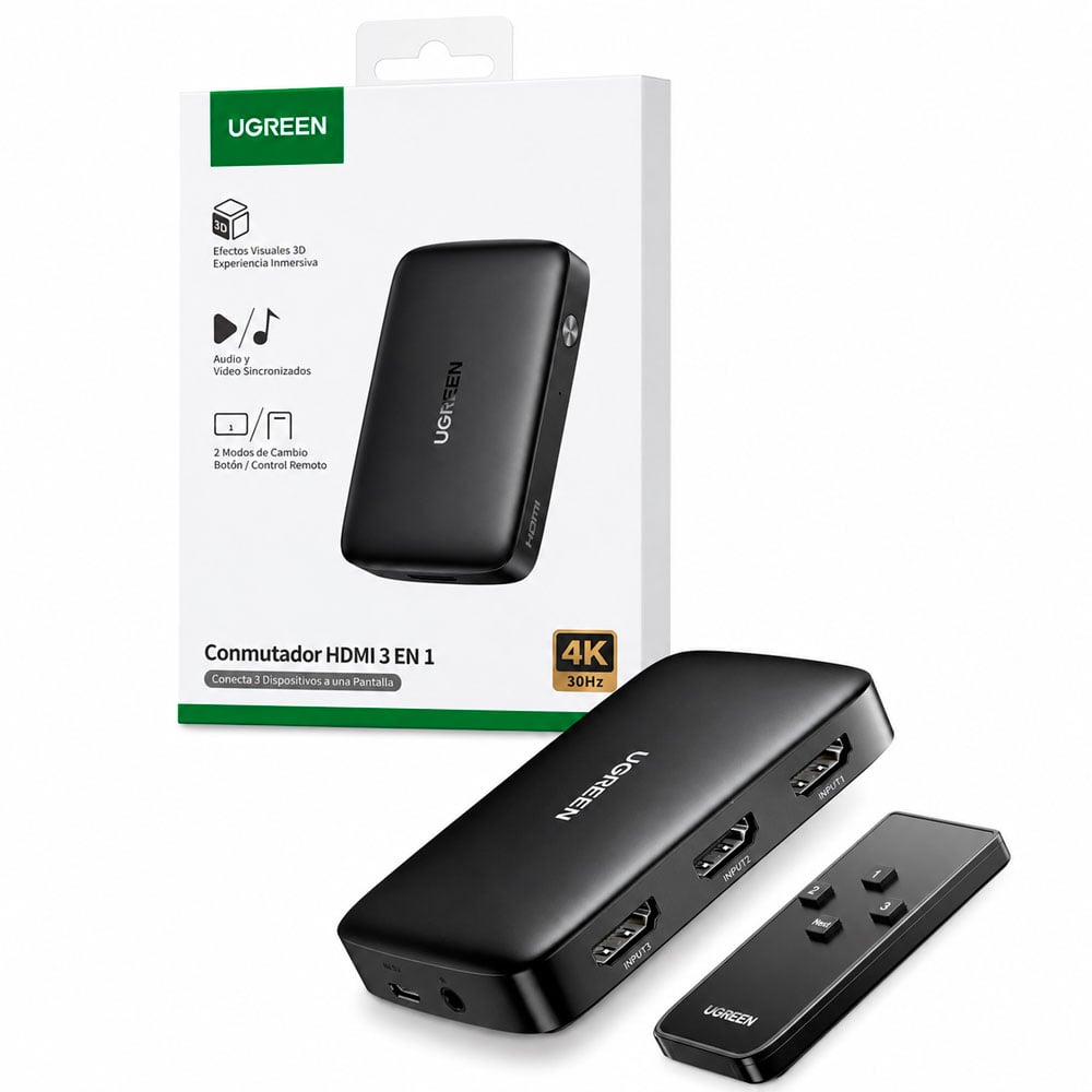 UGREEN SWITCH HDMI 3 ENTRADAS 1 SALIDA 4K 30HZ UGREEN CON CONTROL - 1