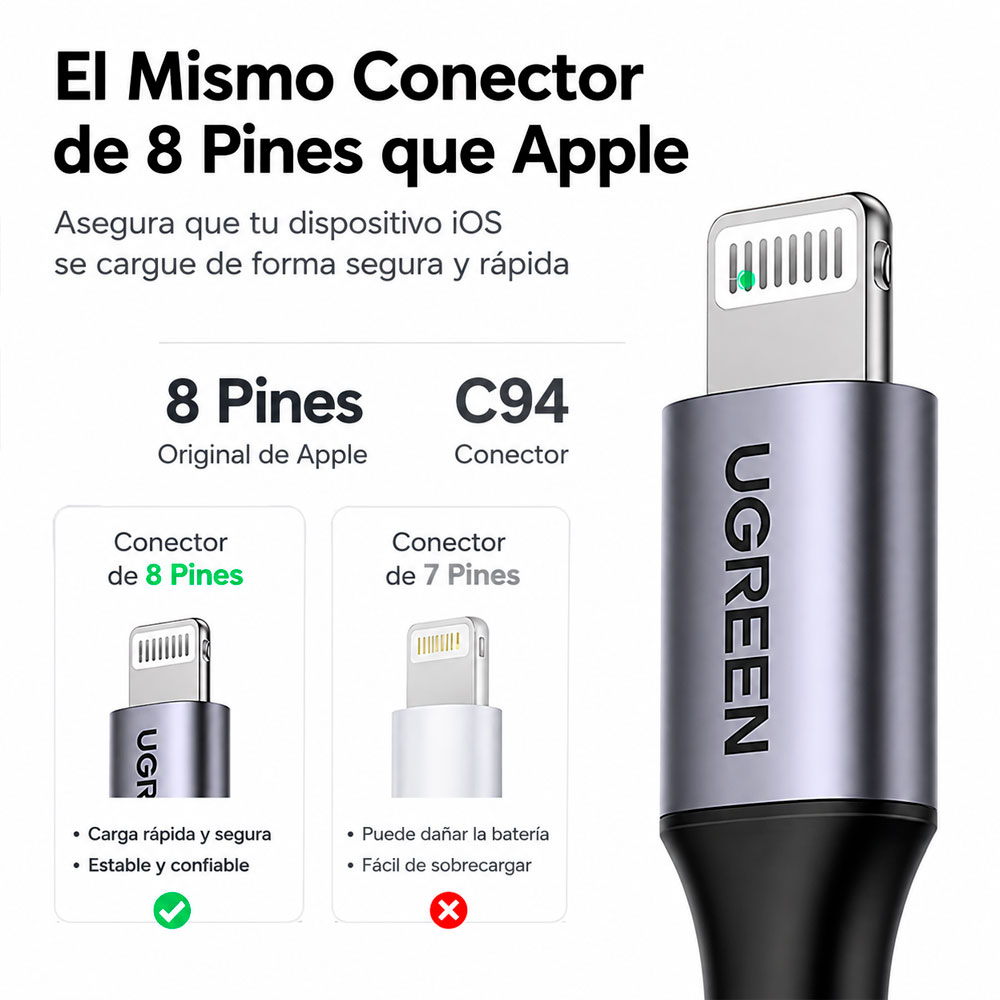 CABLE USB C A LIGHTNING 20W UGREEN CARGA RÁPIDA PD PARA IPHONE - 7