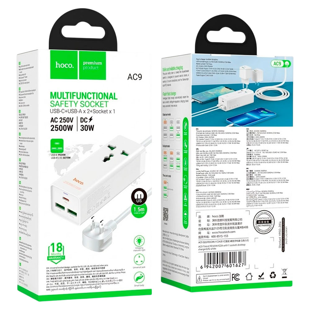 EXTENSIÓN ELÉCTRICA CON CARGA RAPIDAHOCO AC9 USB-C 2 USB-A CARGA 30W - 1