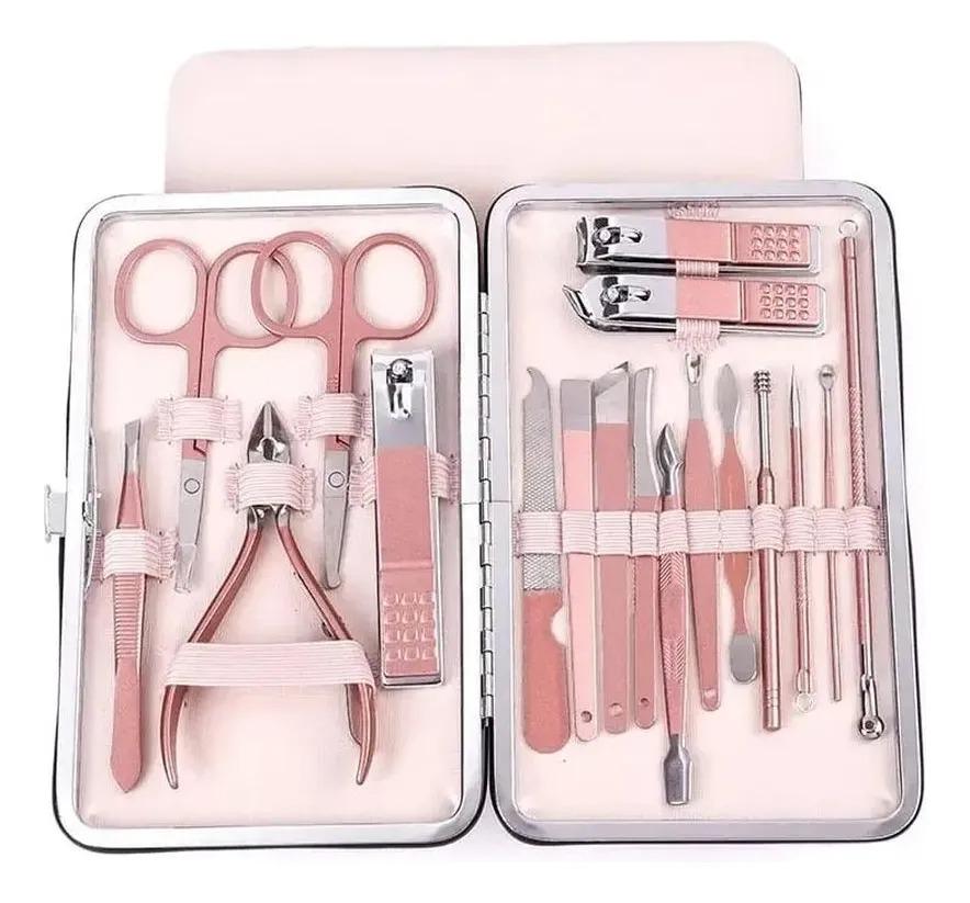 SET 18 PIEZAS EN ACERO INOXIDABLE MANICURA PEDICURA NEGRO ROSADO - 1
