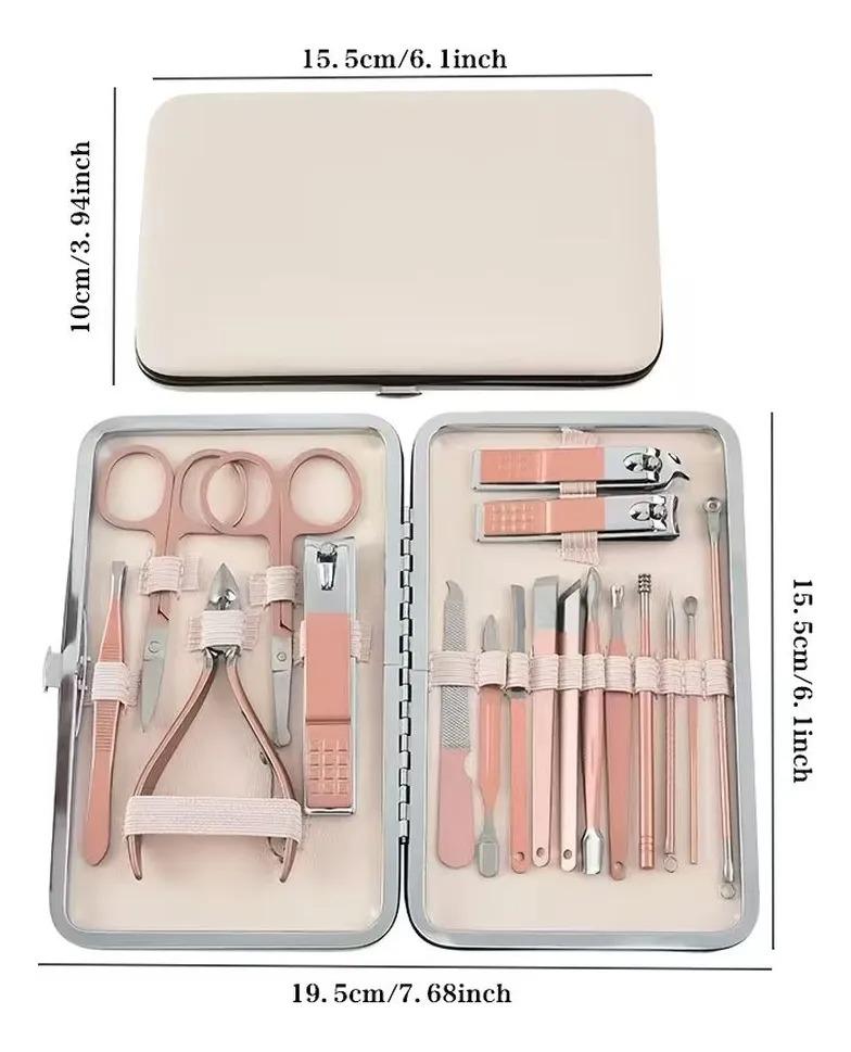 SET 18 PIEZAS EN ACERO INOXIDABLE MANICURA PEDICURA NEGRO ROSADO - 5