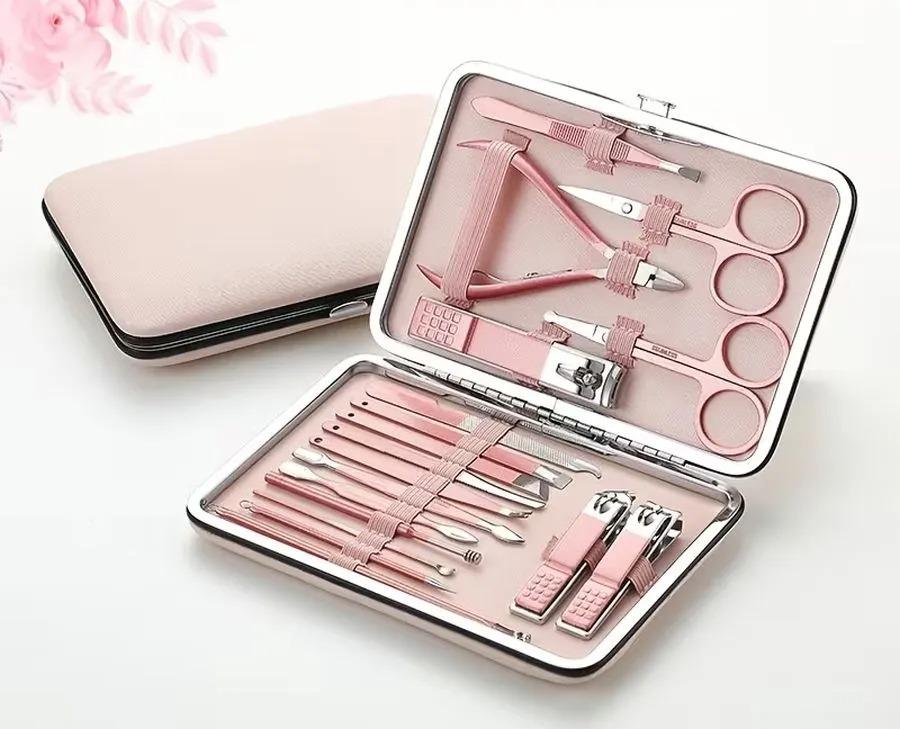 SET 18 PIEZAS EN ACERO INOXIDABLE MANICURA PEDICURA NEGRO ROSADO - 7