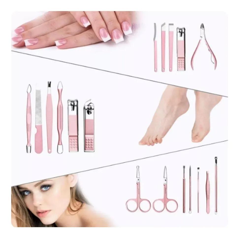 SET 18 PIEZAS EN ACERO INOXIDABLE MANICURA PEDICURA NEGRO ROSADO - 8
