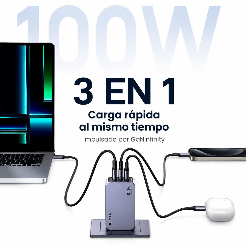 CARGADOR UGREEN X757 NEXODE PRO GAN 100W USB C 3 PUERTOS - 3