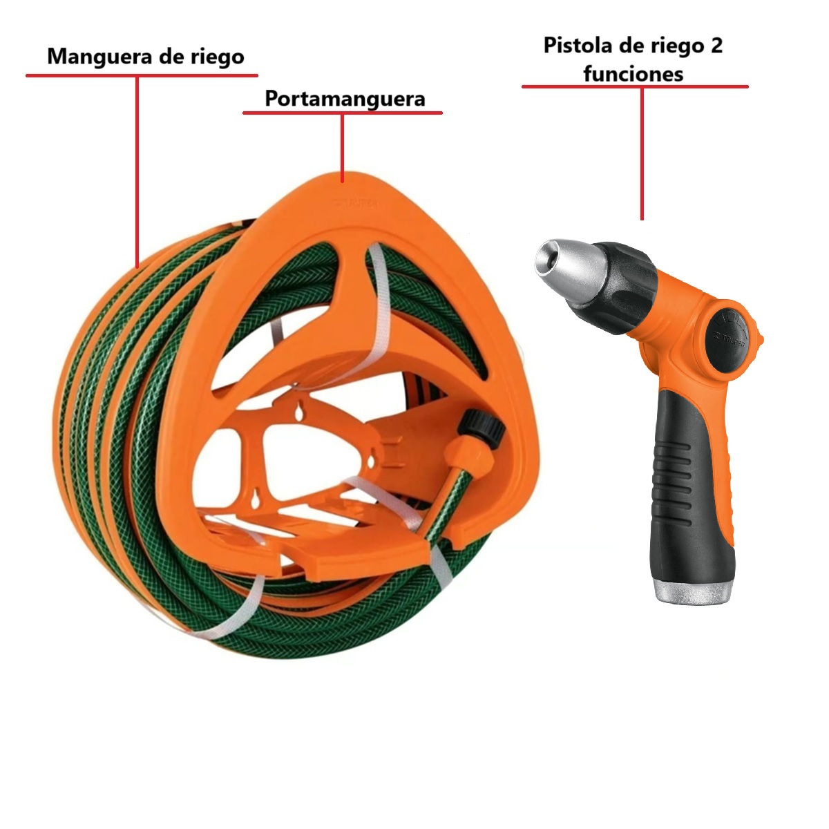 MANGUERA DE RIEGO 1/2' 20 METROS MÁS  PISTOLA DE RIEGO 2 FUNCIONES Y PORTAMANGUERA TRUPER - 2
