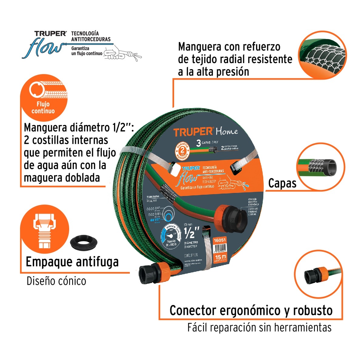 MANGUERA DE RIEGO 15 METROS REFORZADA CON CONEXIONES - 3