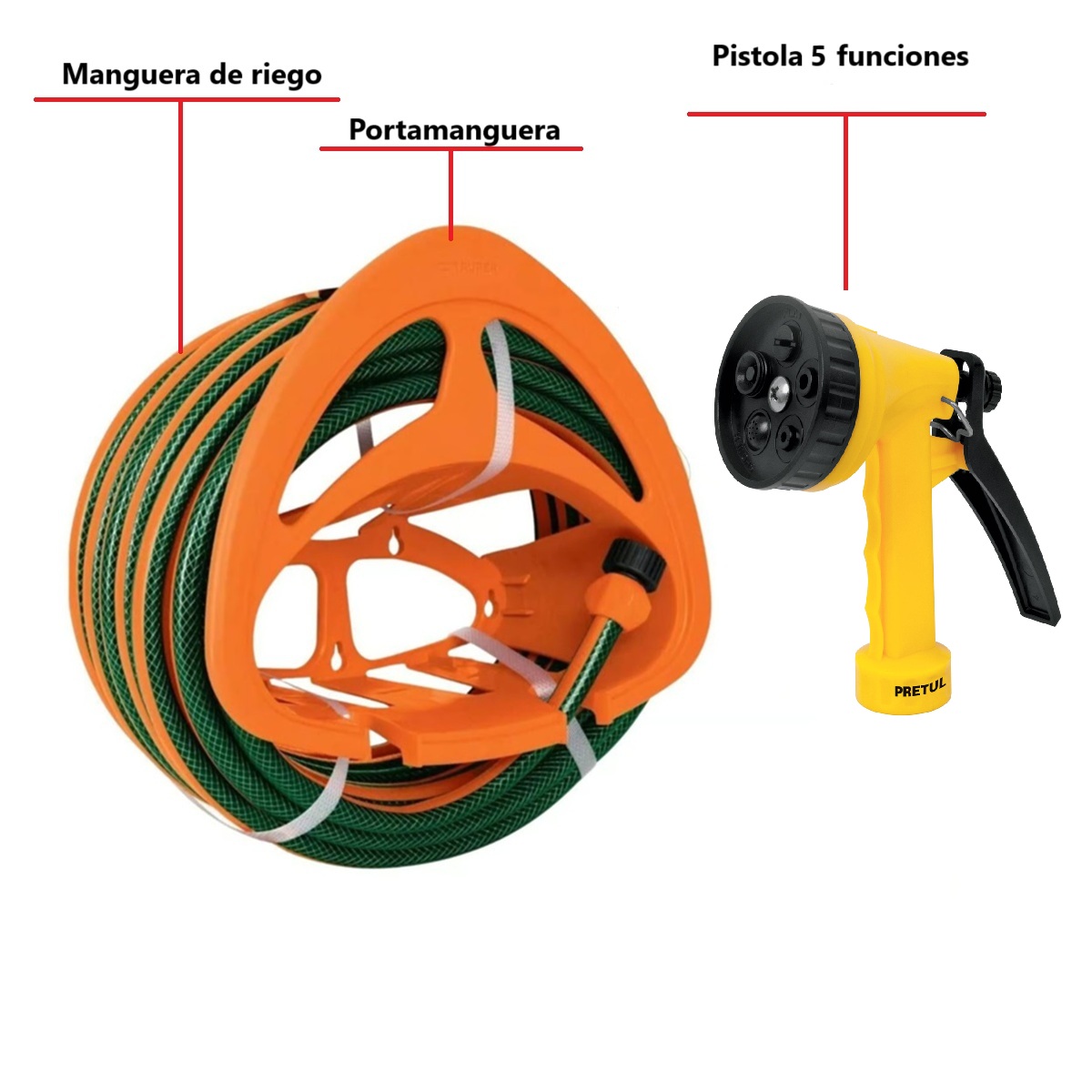 MANGUERA DE RIEGO 1/2' 20 METROS MÁS PISTOLA DE RIEGO 5 FUNCIONES Y PORTAMANGUERA TRUPER - 2