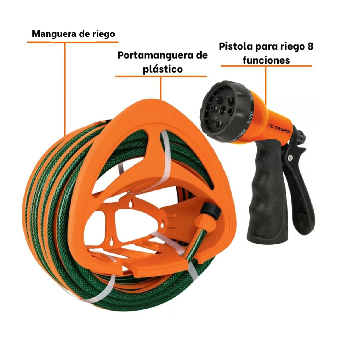 MANGUERA DE RIEGO 1/2' 10 METROS MÁS PISTOLA DE RIEGO 8 FUNCIONES Y PORTAMANGUERA TRUPER - 2