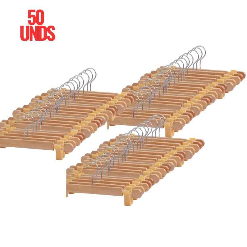 COLGADORES PERCHAS DE PANTALONES DE MADERA PARA USO DOMÉSTICO, CLIP ESPECIAL PARA PANTALONES X 50 UNDS. - 1