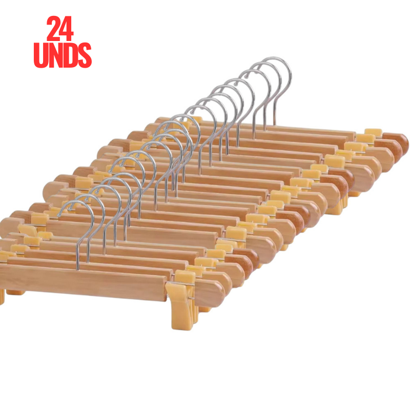 COLGADORES PERCHAS DE PANTALONES DE MADERA PARA USO DOMÉSTICO, CLIP ESPECIAL PARA PANTALONES X 24 UNDS. - 1