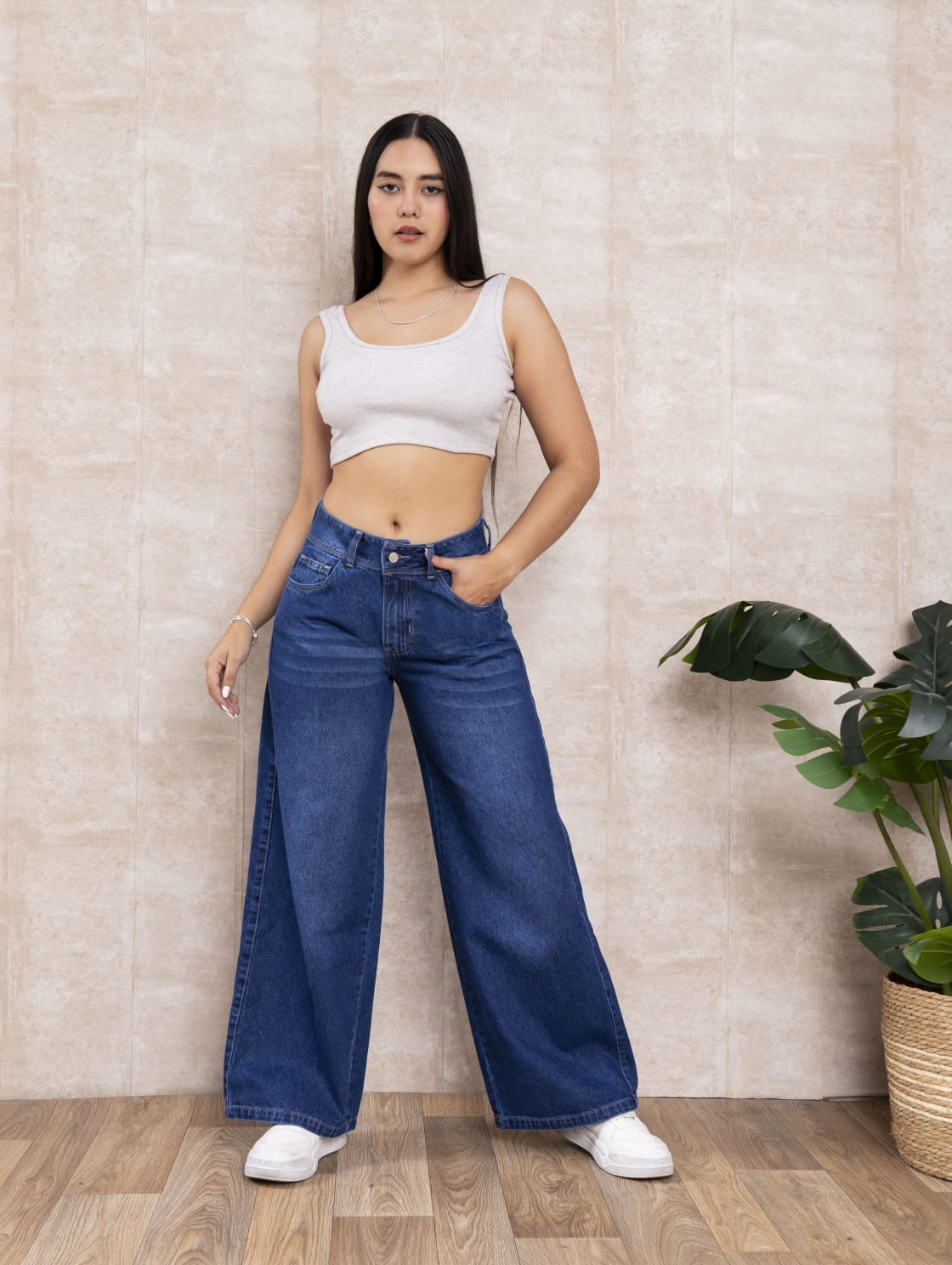 PANTALÓN JEANS RÍGIDO PALAZO PARA MUJER - 1