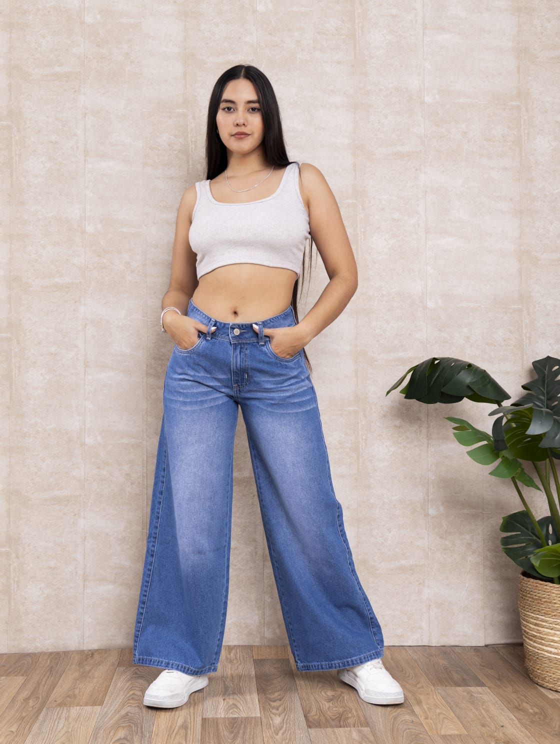 PANTALÓN JEANS RÍGIDO PALAZO PARA MUJER - 1