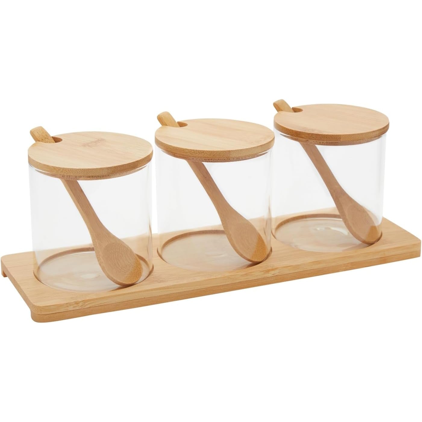 SET DE 3 CONDIMENTEROS DE VIDRIO Y BAMBÚ - 1