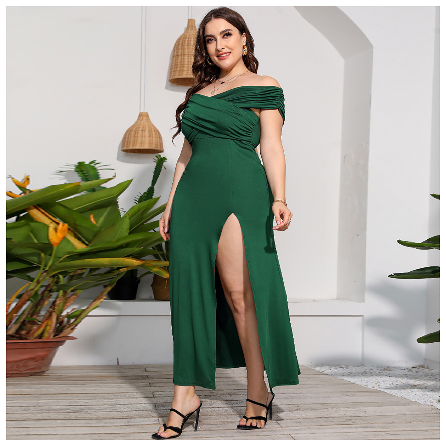 VESTIDO MAXI MUJER RINODERINA VERDE LYQ155 DE FIESTA SIN TIRANTES SEXY - 2