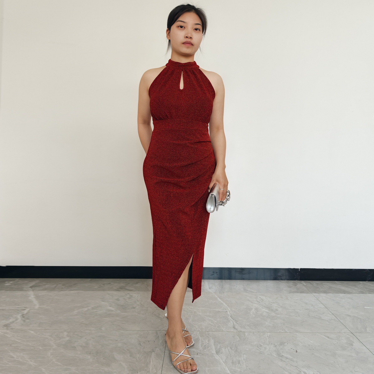 VESTIDO MUJER RINODERINA VT859 ELEGANTES TELA ELÁSTICA BRILLANTE REGALO - 2