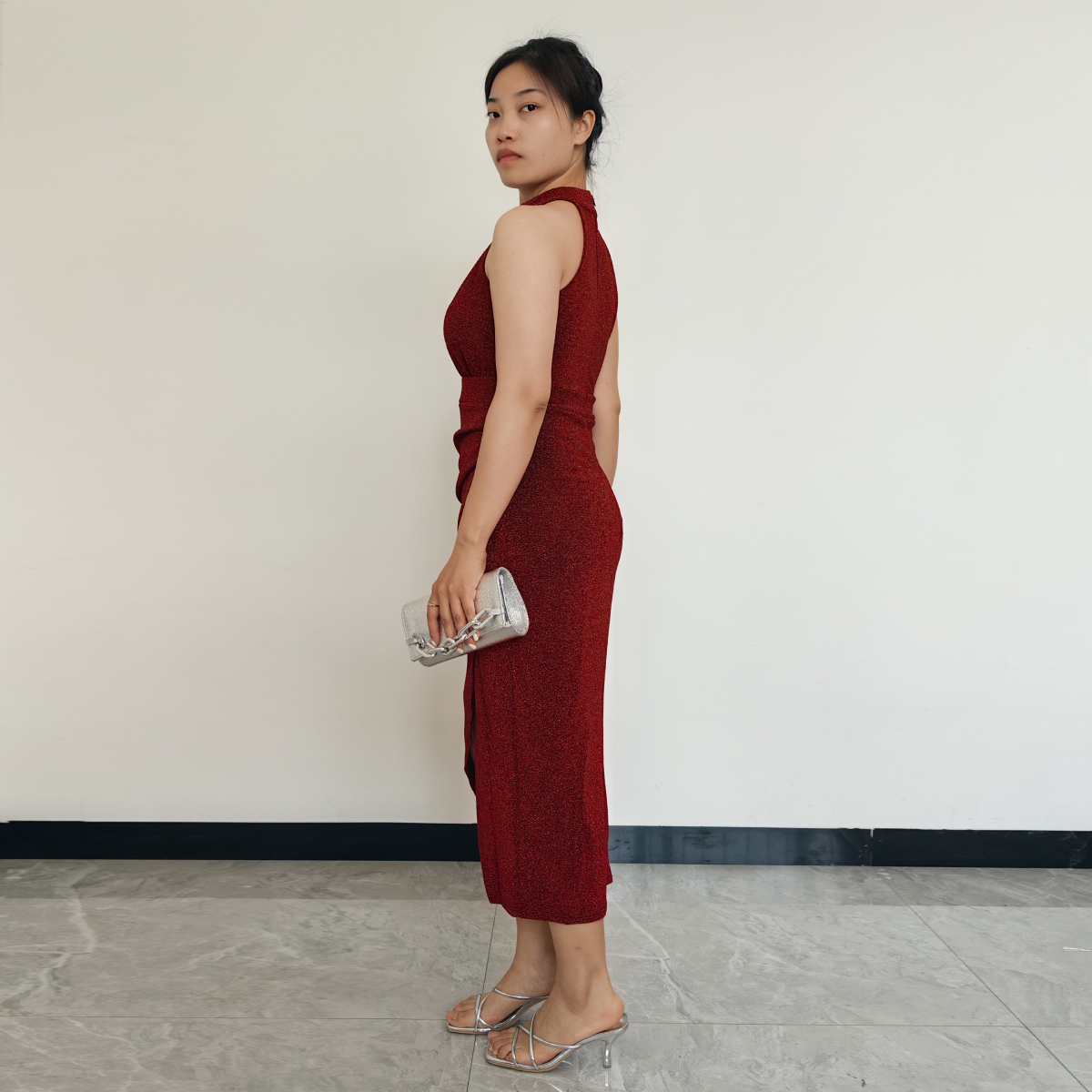 VESTIDO MUJER RINODERINA VT859 ELEGANTES TELA ELÁSTICA BRILLANTE REGALO - 3