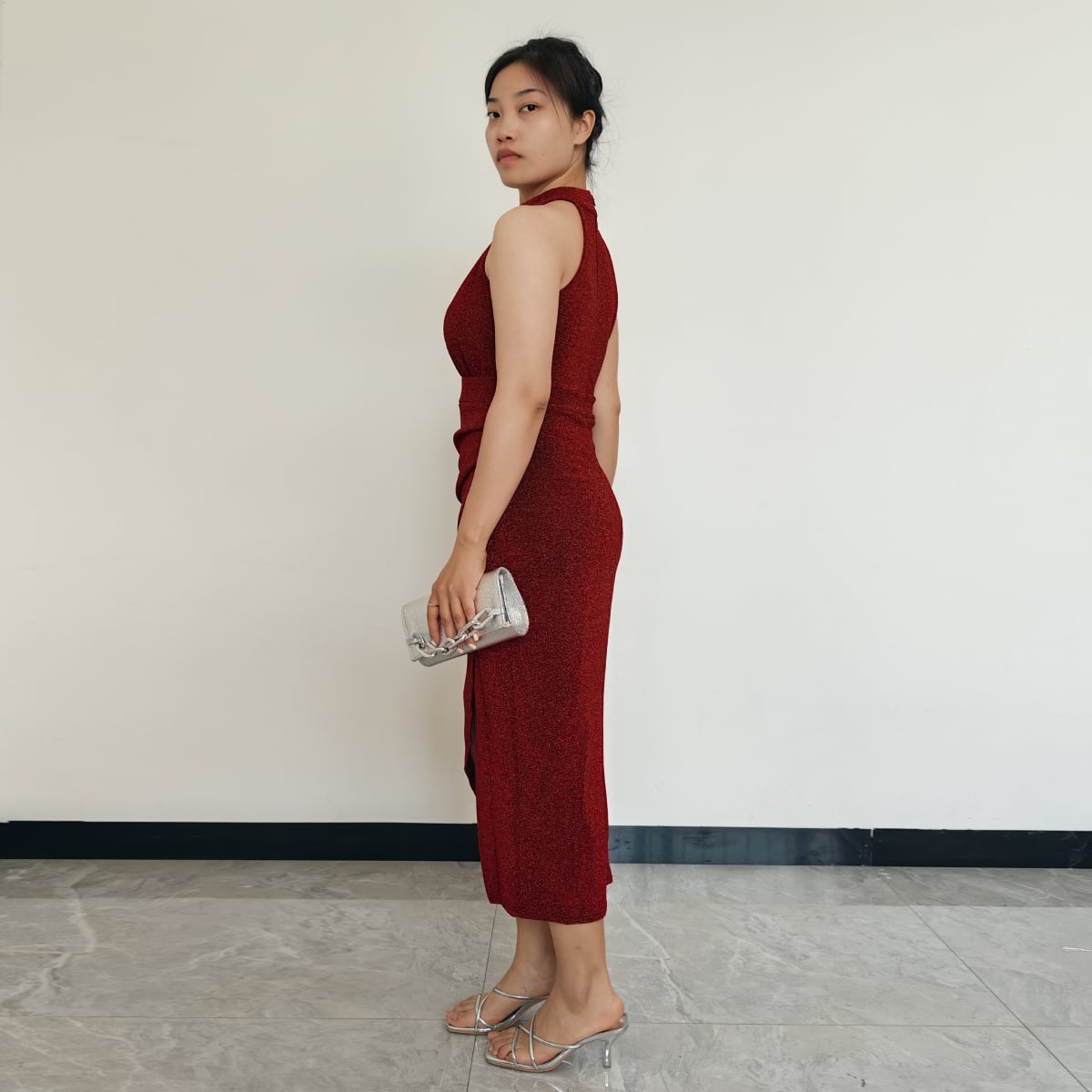 VESTIDO MUJER RINODERINA VT859 ELEGANTES TELA ELÁSTICA BRILLANTE REGALO - 3