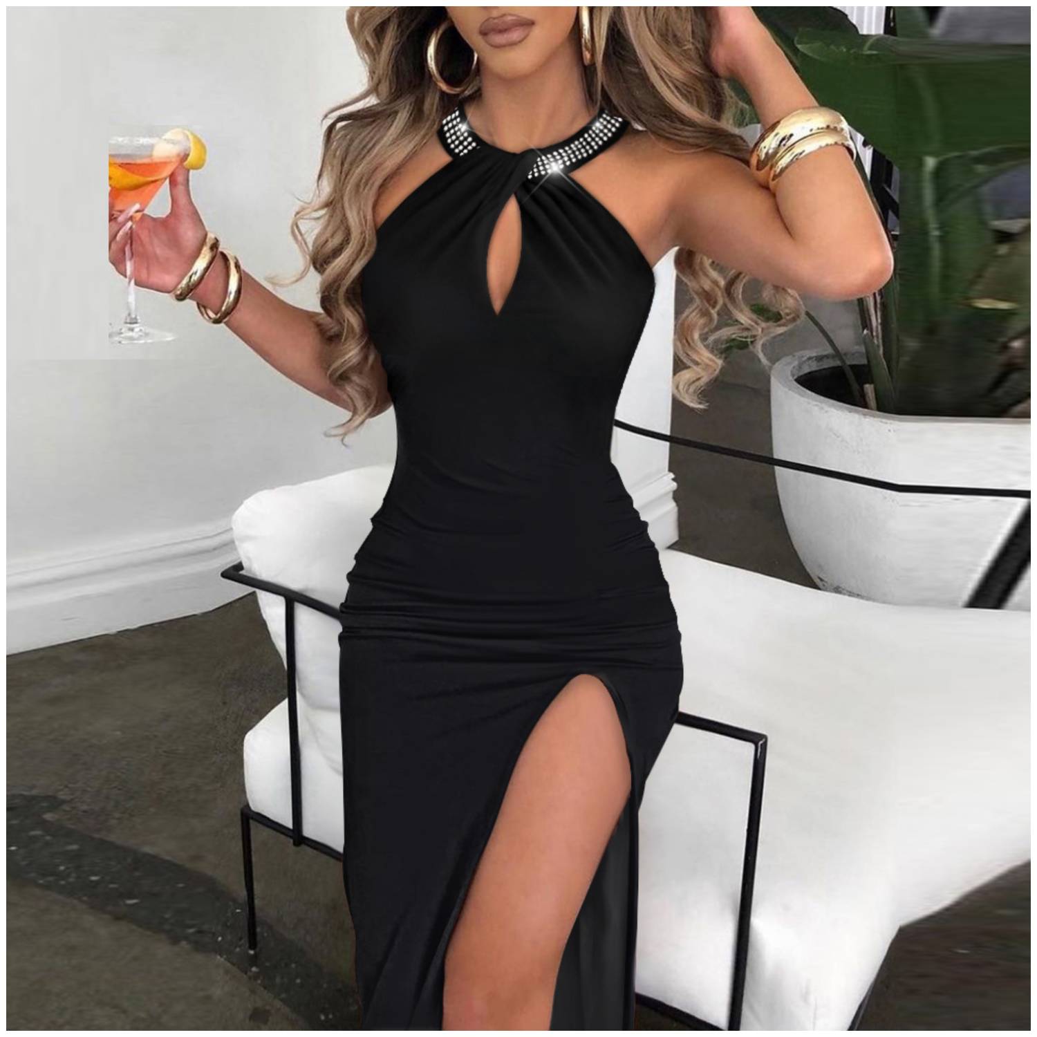 VESTIDO MUJER RINODERINA NEGRO VT066 MODA TELA ELÁSTICA SUAVE REGALO - 1