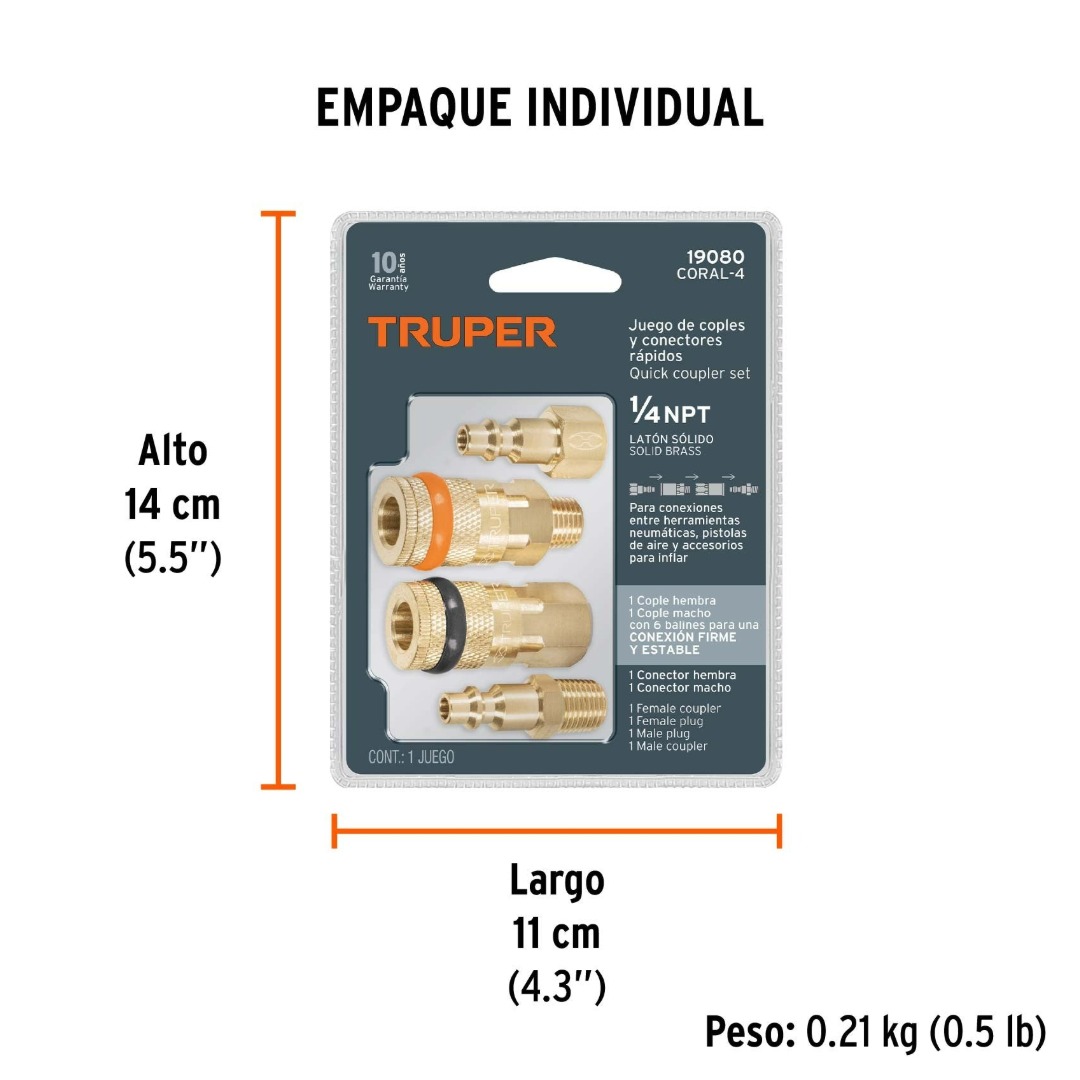 JUEGO DE 2 CONECTORES RÁPIDOS Y 2 COPLES DE LATÓN, TRUPER 19080 - 3