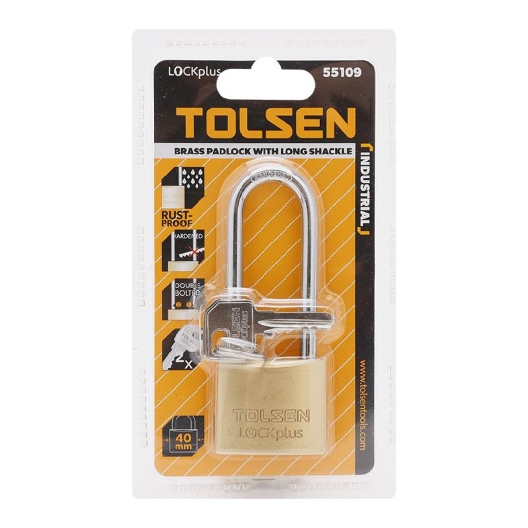 CANDADO DE LATÓN CON GRILLETE LARGO INDUSTRIAL TOLSEN 55109 - 1