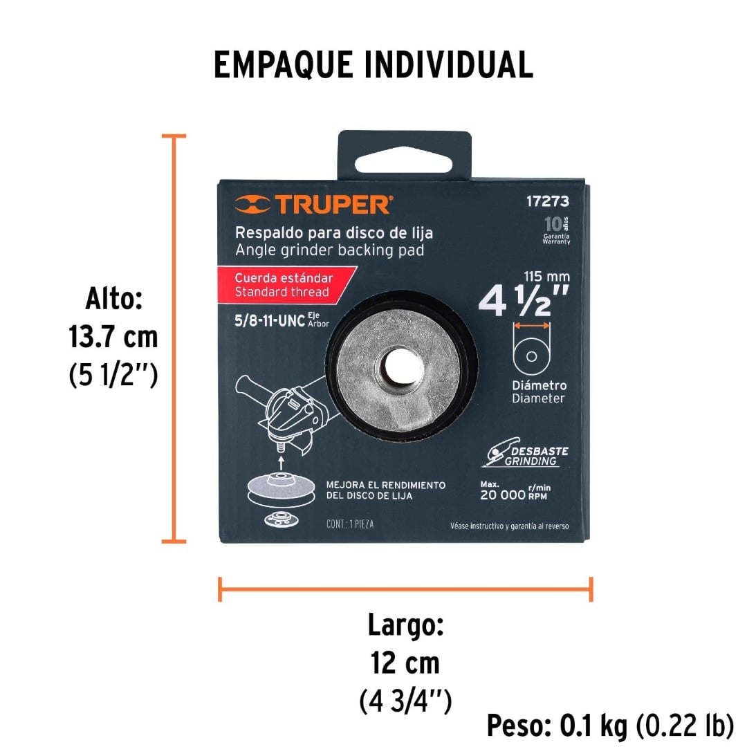 RESPALDO PARA DISCO DE LIJA 4-1/2' EJE 5/8' TRUPER 17273 - 3