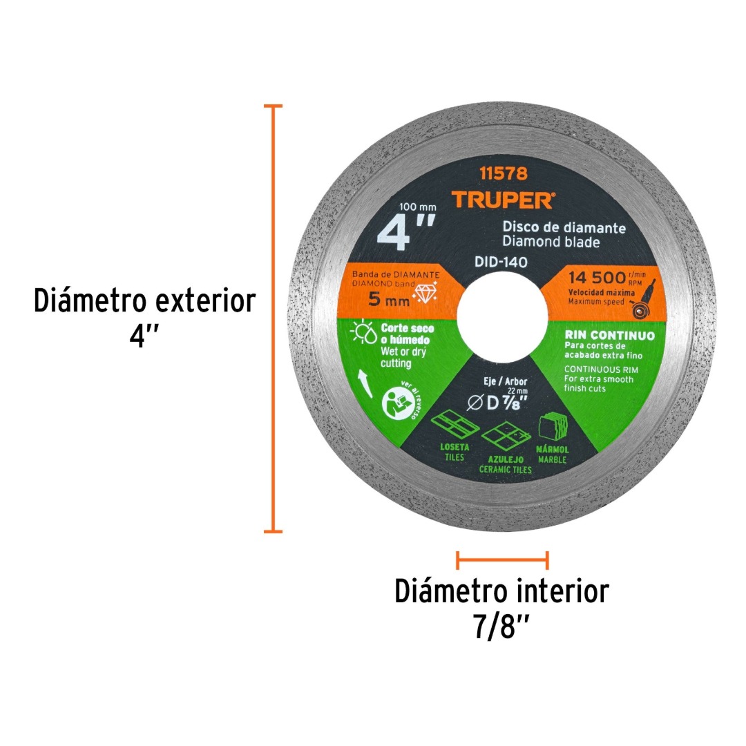 DISCO DE DIAMANTE 4' X 1.6 MM RIN CONTINUO TRUPER 11578 - 2