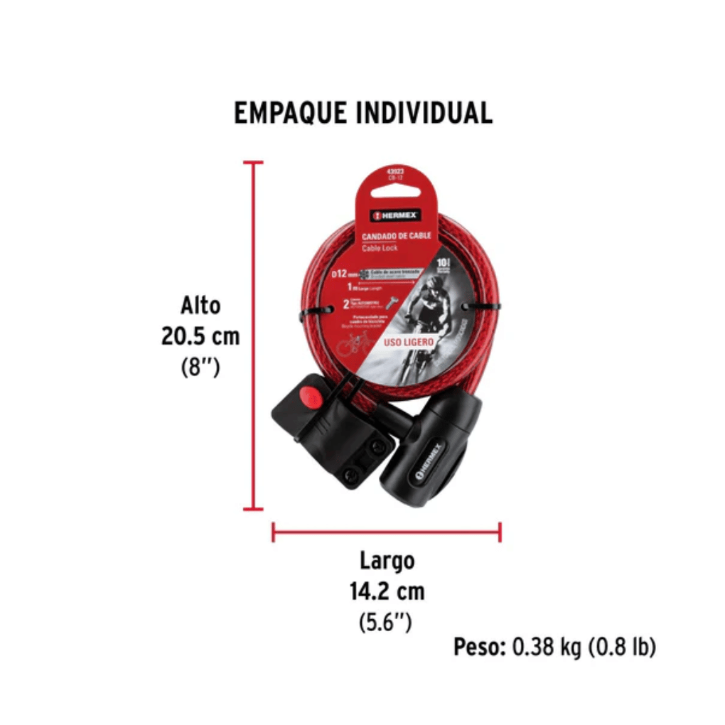 CANDADO DE CABLE CON LLAVE, 12 MM X 1.0 M, HERMEX 43923 - 3