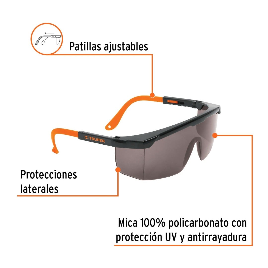LENTES DE SEGURIDAD AJUSTABLES GRISES, TRUPER 14213 - 2
