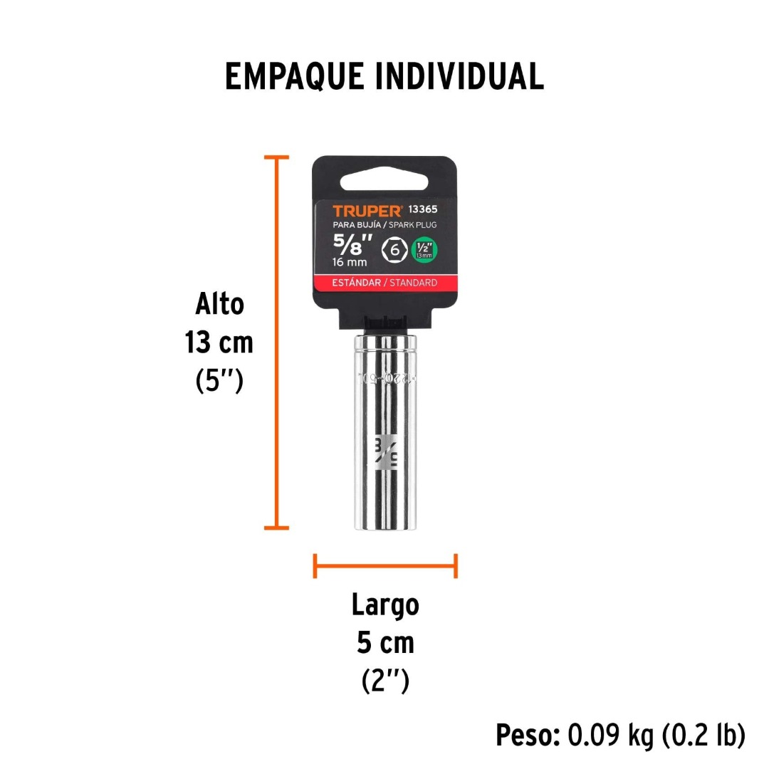 DADO LARGO PARA BUJÍA 5/8', 6 PUNTAS, CUADRO DE 1/2', TRUPER 13365 - 5