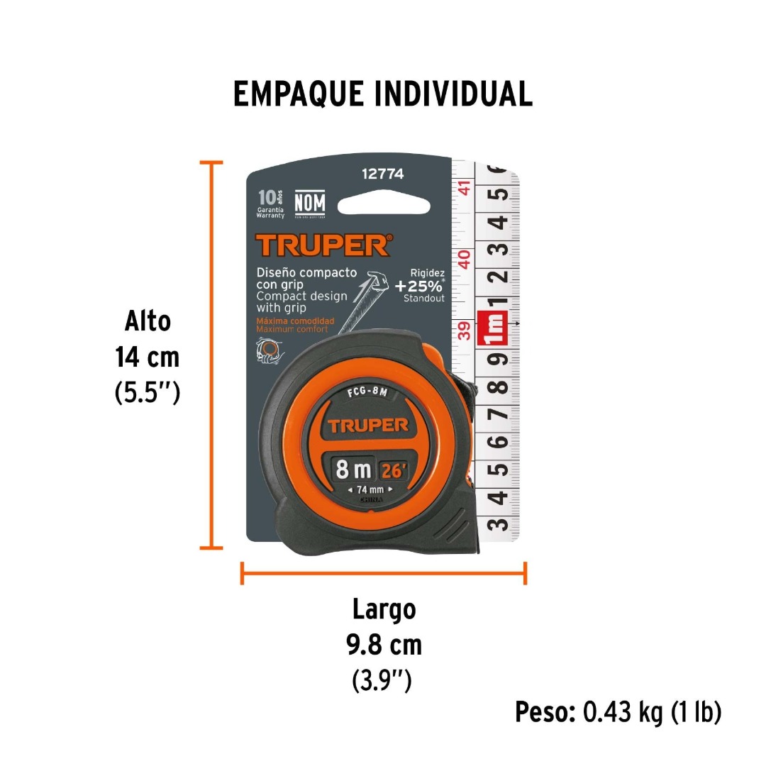 CINTA MÉTRICA COMPACTO CONTRA IMPACTOS 8 M CINTA 25 MM, TRUPER 12774 - 5