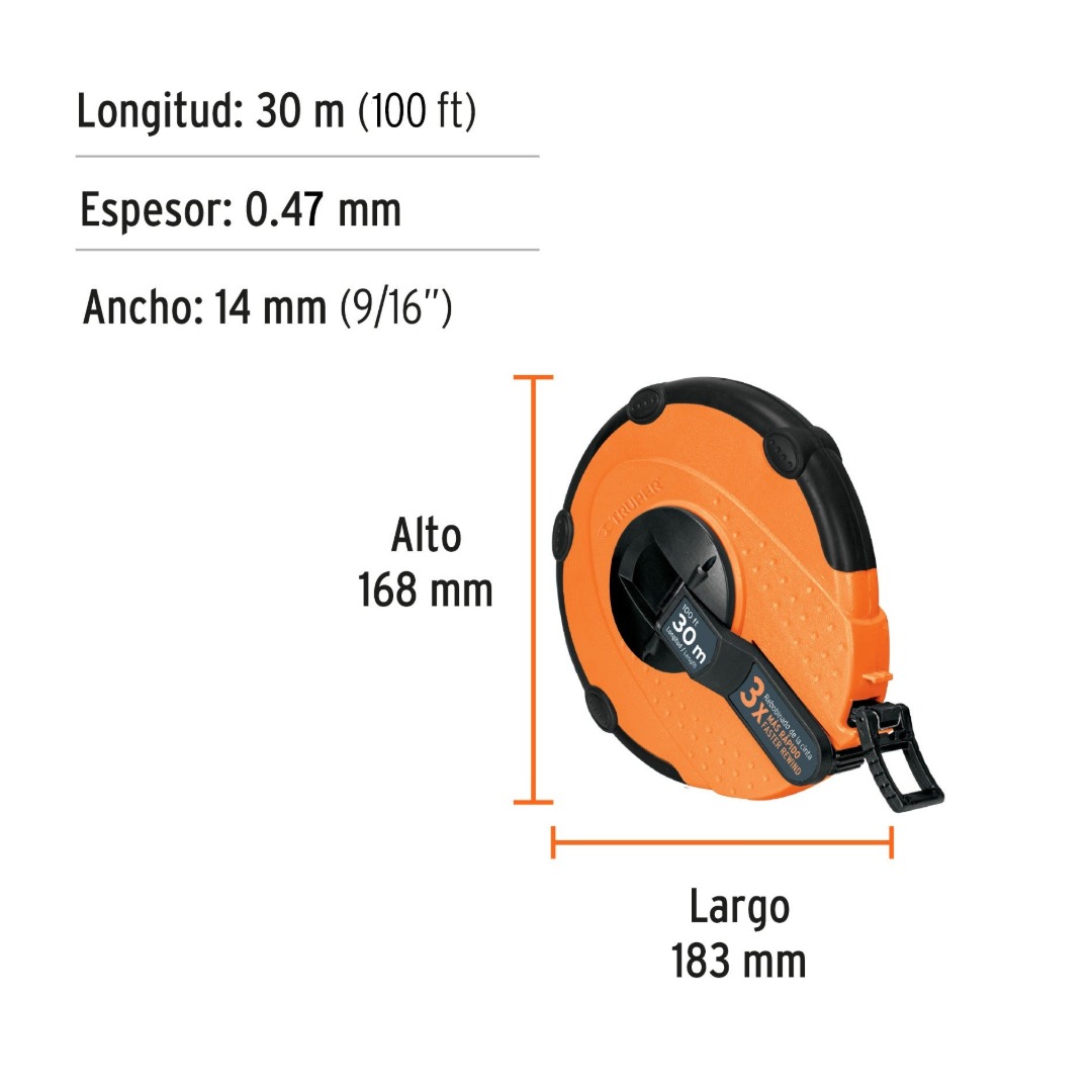 CINTA MÉTRICA LARGA DE FIBRA DE VIDRIO 30 M CON CARCASA PLÁSTICA, TRUPER 12639 - 3