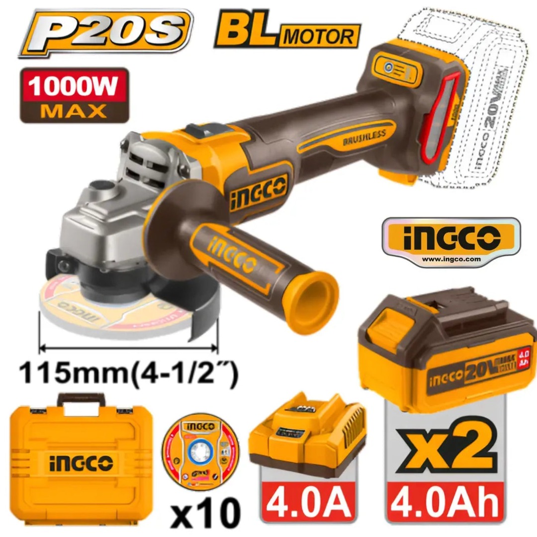 AMOLADORA ANGULAR INALÁMBRICA 20V BRUSHLESS 115 MM CON ACCESORIOS, INGCO CAGLI271532 - 1